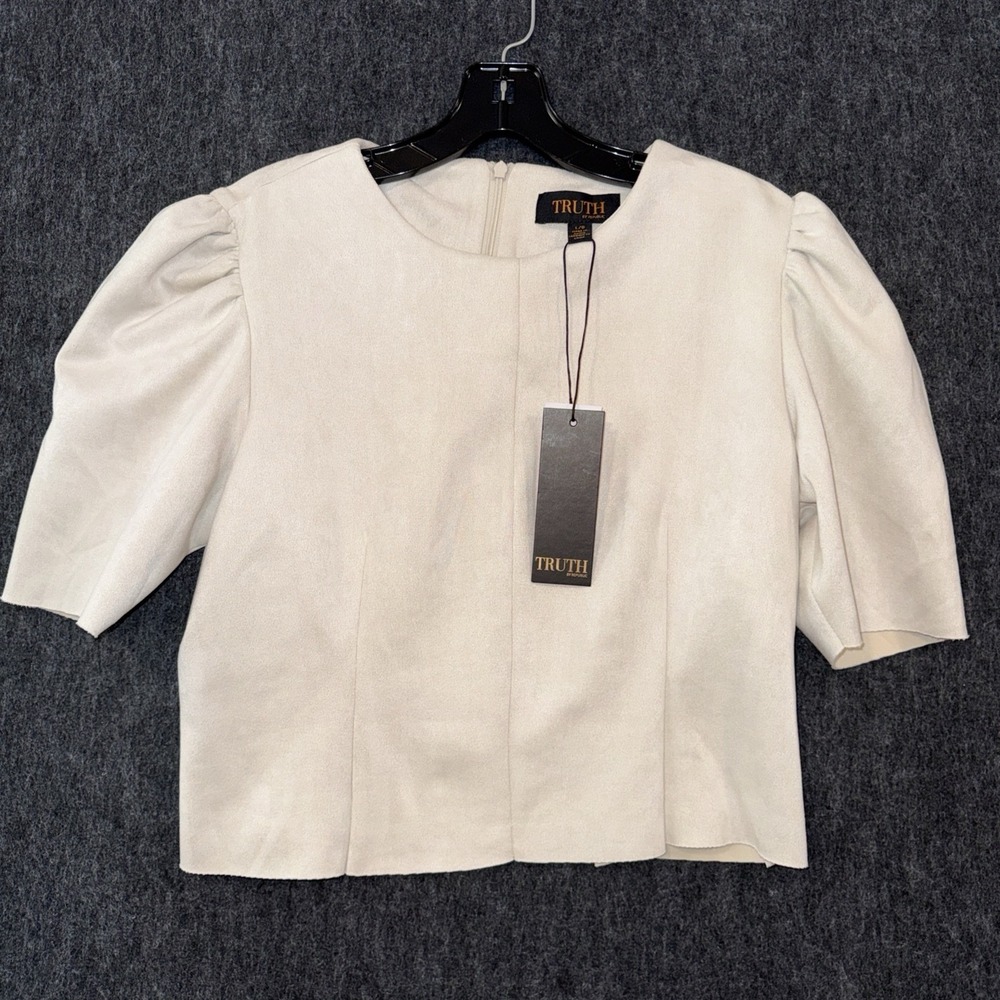 TRUTH by Republic Women Beige Puff Sleeve Blouse Structured Top Minimal Chic NWT